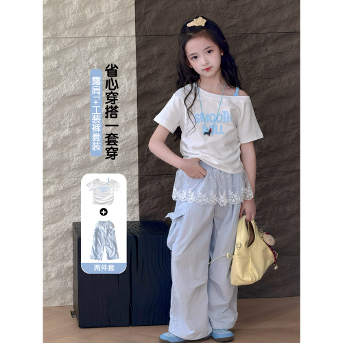 女童套装2026夏季新款儿童假两件短款T恤女孩洋气短袖拼接工装裤
