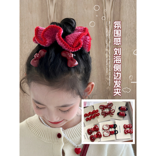 女童发饰儿童红色氛围感头饰新年圣诞蝴蝶结发夹小女孩侧边刘海夹