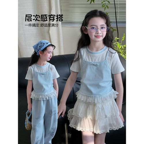 女童短袖T恤2026夏季新款儿童短款韩版假两件中大童洋气圆领上衣