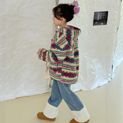 女童皮毛一体外套2025冬季新款儿童撞色羊羔绒保暖韩版大衣仿皮草