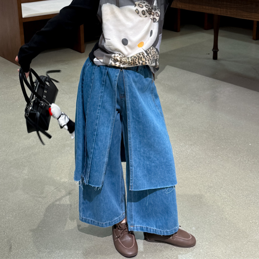 女童裤子2025秋季新款韩版假两件设计时尚女宝中大童牛仔裤潮童装