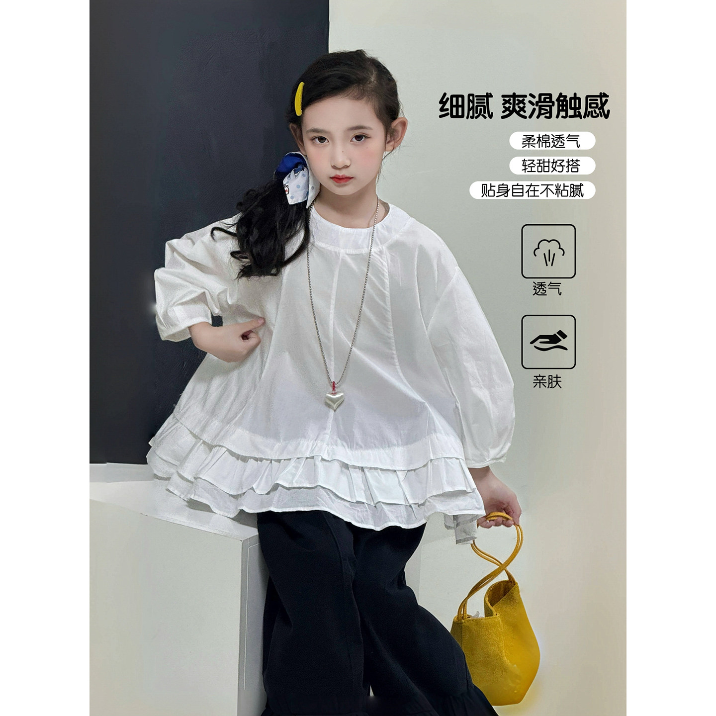 女童衬衫2026春季新款儿童花边长袖衬衣中大童洋气韩版上衣春装潮