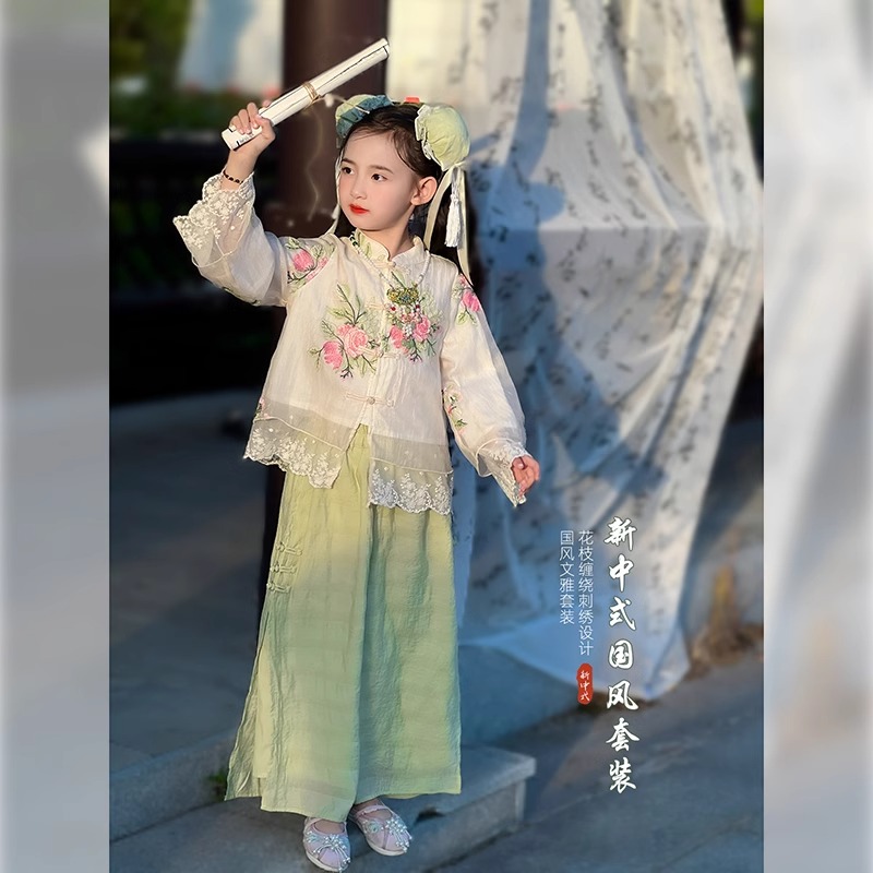 女童汉服套装2024秋季新款儿童新中式上衣唐装阔腿裤子国风两件套