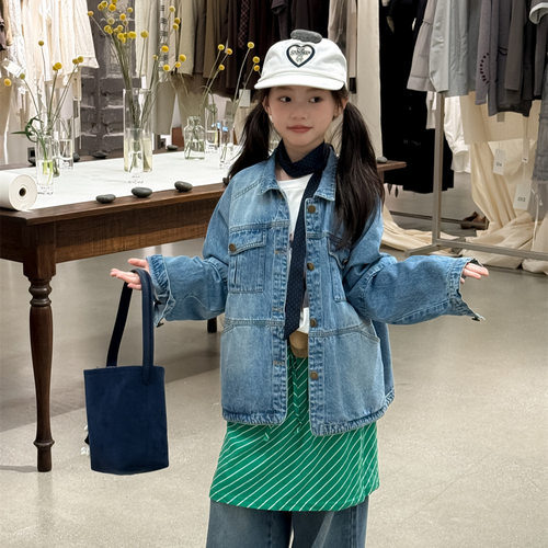 女童牛仔外套2025秋款韩版挺括宽松夹克中大童软牛仔外套百搭外衣