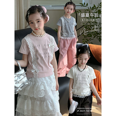 女童短袖T恤2026夏季新款儿童短款洋气拼接上衣中大童韩版打底衫