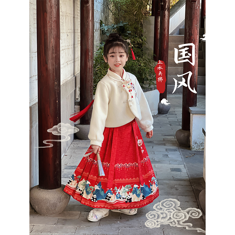 汉服女童冬装2025新款夹棉保暖洋气上衣儿童民族风马面裙子两件套