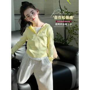 中大童洋气休闲上衣春装 儿童假两件连帽长袖 新款 女童T恤2025秋季