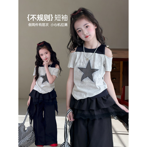 女童T恤2026夏季新款儿童短款韩版休闲短袖中童洋气假两件上衣潮