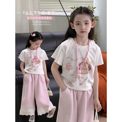 女童夏套装2025新款清凉感软木耳边儿童宝宝夏季短袖衣服T恤裤子