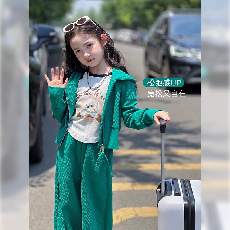 女童套装2024新款秋季儿童女大童上衣连帽开衫阔腿裤子韩版两件套
