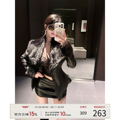 灰尘邓邓 毛领皮衣外套女高级感2025冬季黑色短款收腰加厚皮夹克