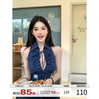 灰塵鄧鄧 辣妹無(wú)袖襯衫女2025夏季新款性感短款襯衣收腰翻領(lǐng)上衣