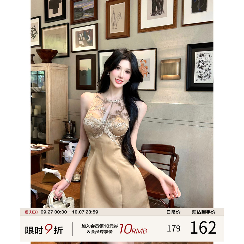 灰尘邓邓 法式无袖连衣裙女2025秋季蕾丝拼接a字裙设计感露肩裙子