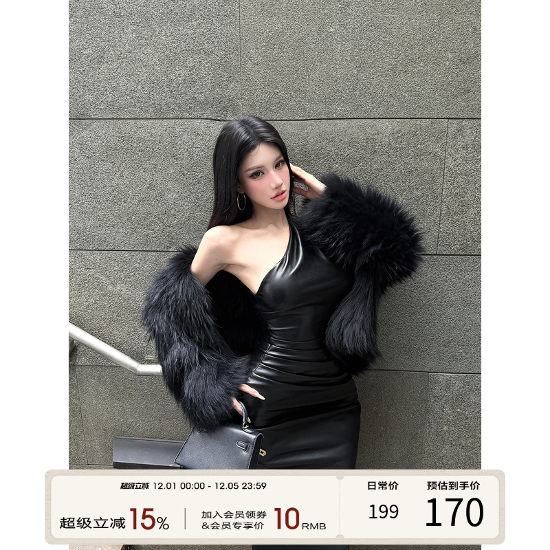 灰尘邓邓 黑色皮裙连衣裙女2025冬季性感包臀裙露肩长裙开叉裙子