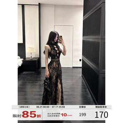 灰尘邓邓 性感无袖连衣裙女2025夏季新款镂空蕾丝长裙高级感裙子