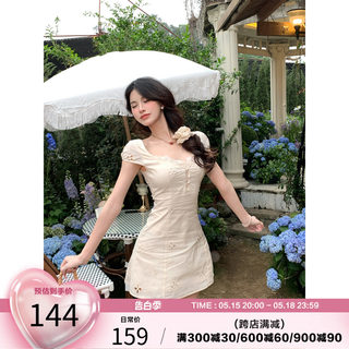 灰尘邓邓 茶歇法式白色连衣裙女2024夏季新款设计感裙子气质短裙