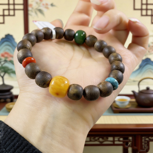 高油脂沉香老型珠多宝手串 搭配蜜蜡南红碧玉原矿绿松石手链