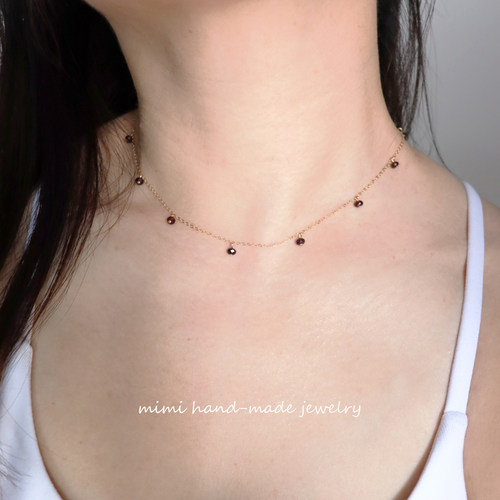 MIMI 原创进口14k注金天然石榴石水晶锁骨链颈链设计感闺蜜礼物