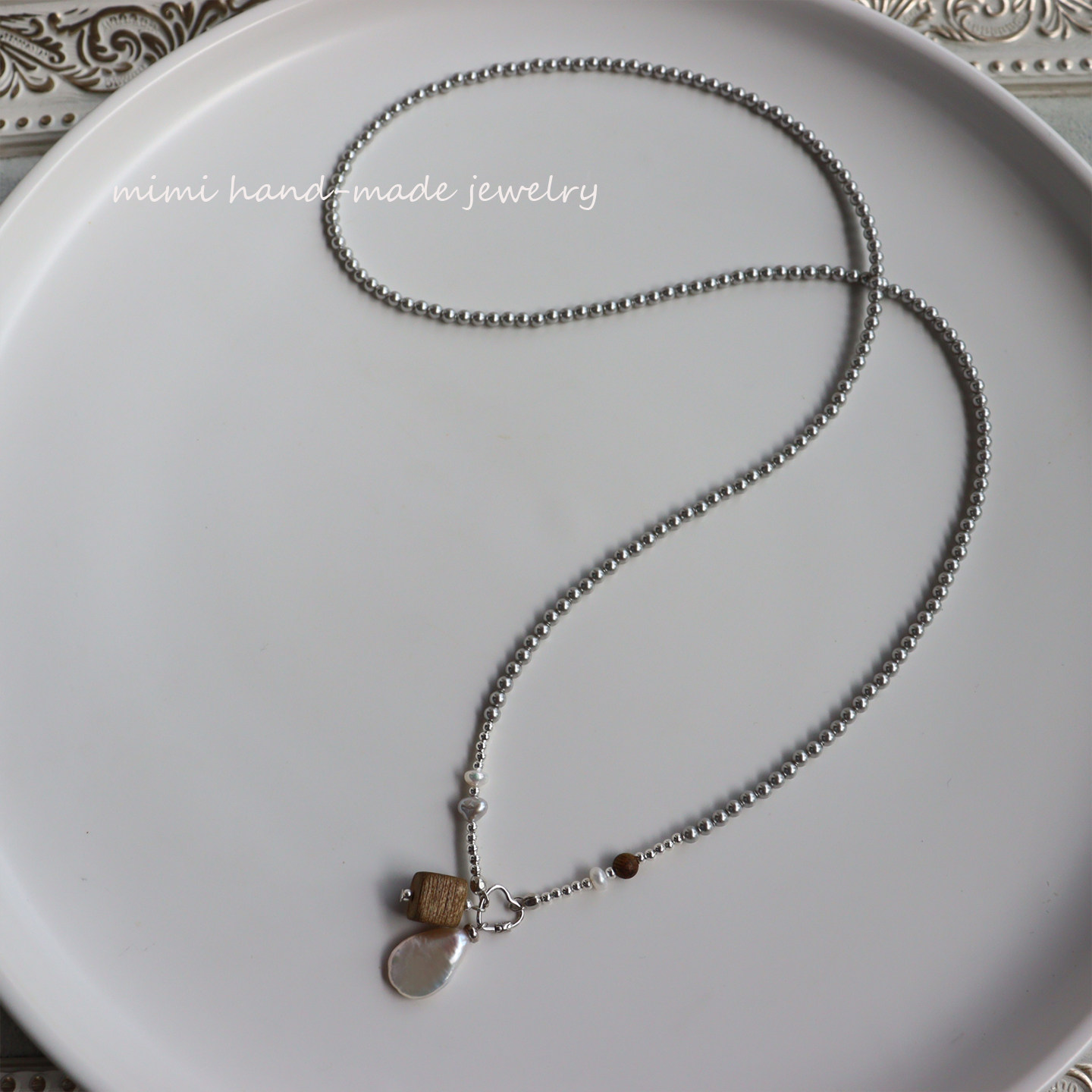 MIMI原创进口施家灰珍珠纯银万能扣毛衣链天然巴洛克沉香吊坠项链