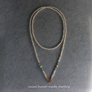 mimi天然小米珍珠项链黄金色马上有钱花吊坠万能链长款国风毛衣链