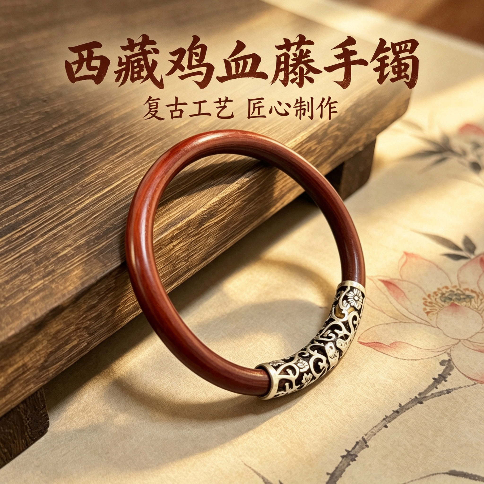 925纯银复古鸳鸯银饰鸡血藤木手镯子西藏民族风做旧工艺男女通用