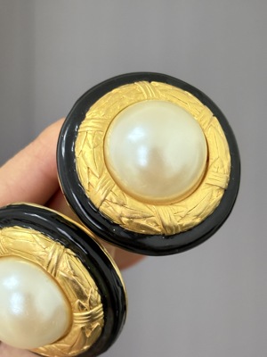vintage中古Blanca黑金珐琅珍珠超大耳夹