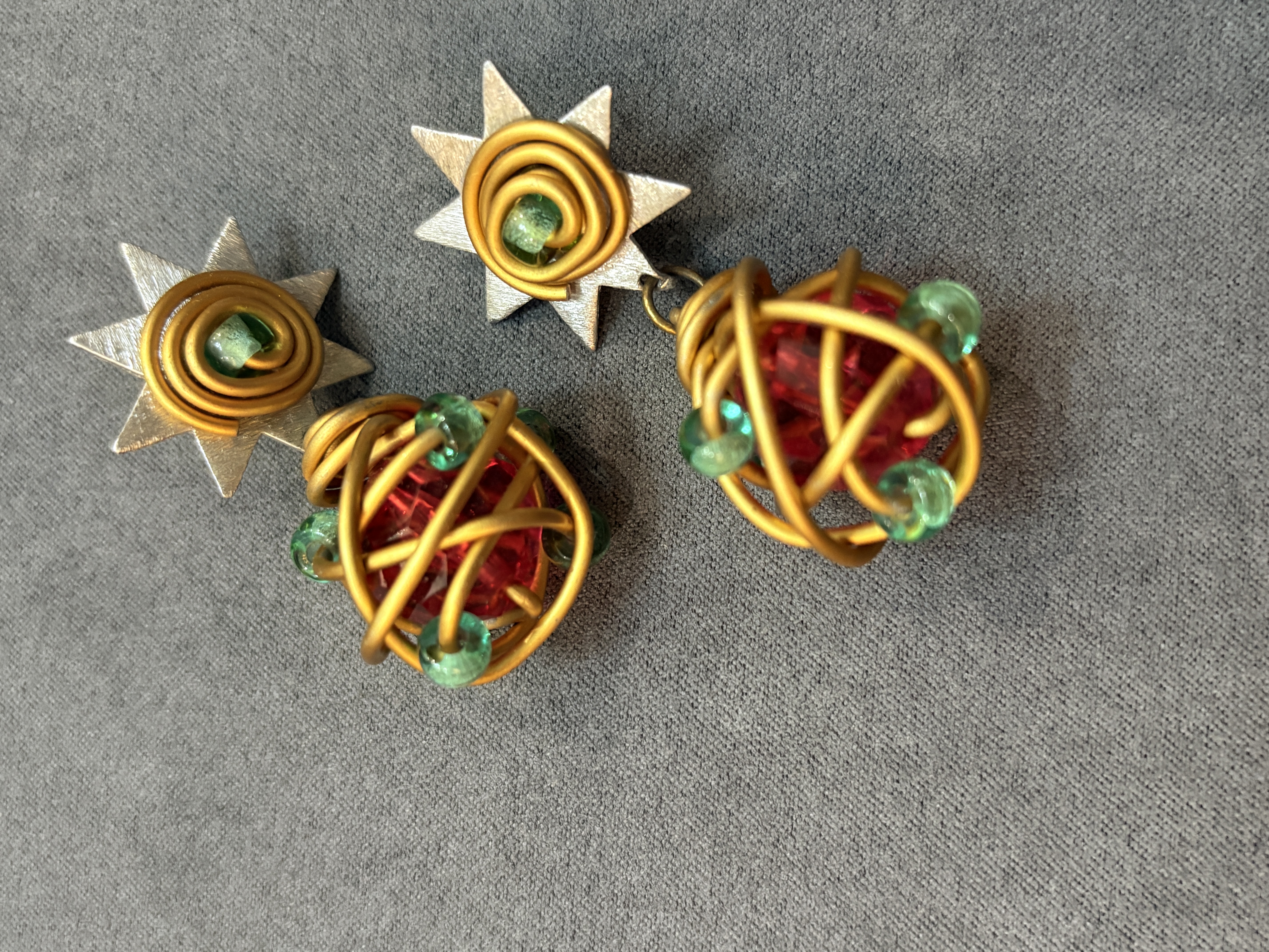 vintage中古法产金银拼色缠绕星星吊坠耳针