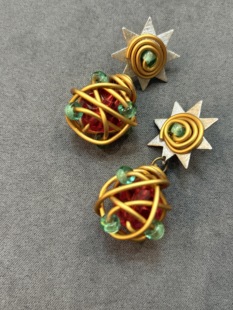 vintage中古法产金银拼色缠绕星星吊坠耳针