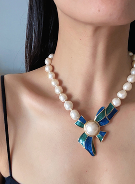 Trifari中古翠法丽珐琅釉蝴蝶结珍珠项链
