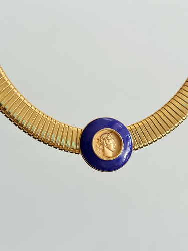 vintage中古Monet莫奈紫色珐琅釉金币蛇骨耳针项链套装