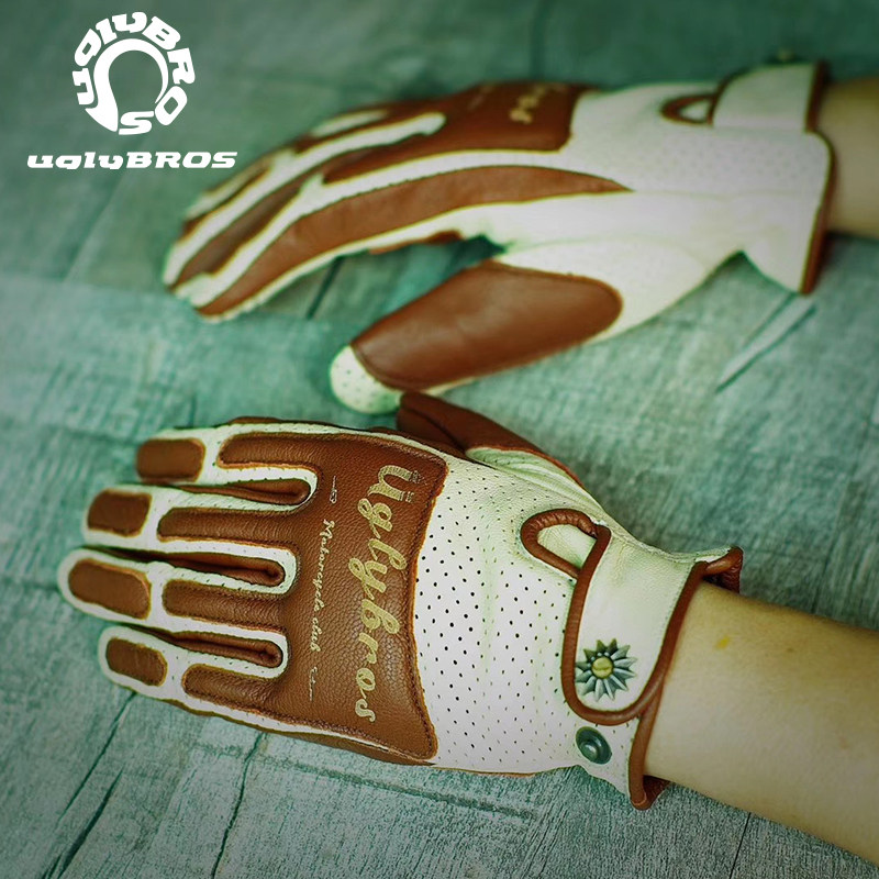 UGLYBROS复古摩托车手套机车防摔真皮透气触屏印第安哈雷骑行555