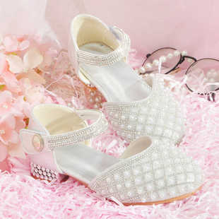 女童水晶新款气质小高跟鞋亮闪闪晚礼服舞台主持人珍珠儿童公主鞋