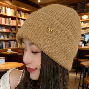 帽子女士冬针织帽新款加厚保暖毛线帽百搭冷帽字母M标圆顶帽新款