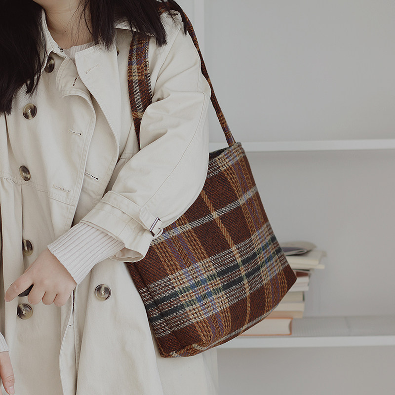 复古李因乐加厚毛呢单肩包托特包