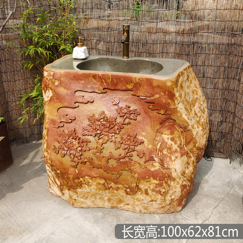 石头洗手盆一体石雕立柱盆拖把池