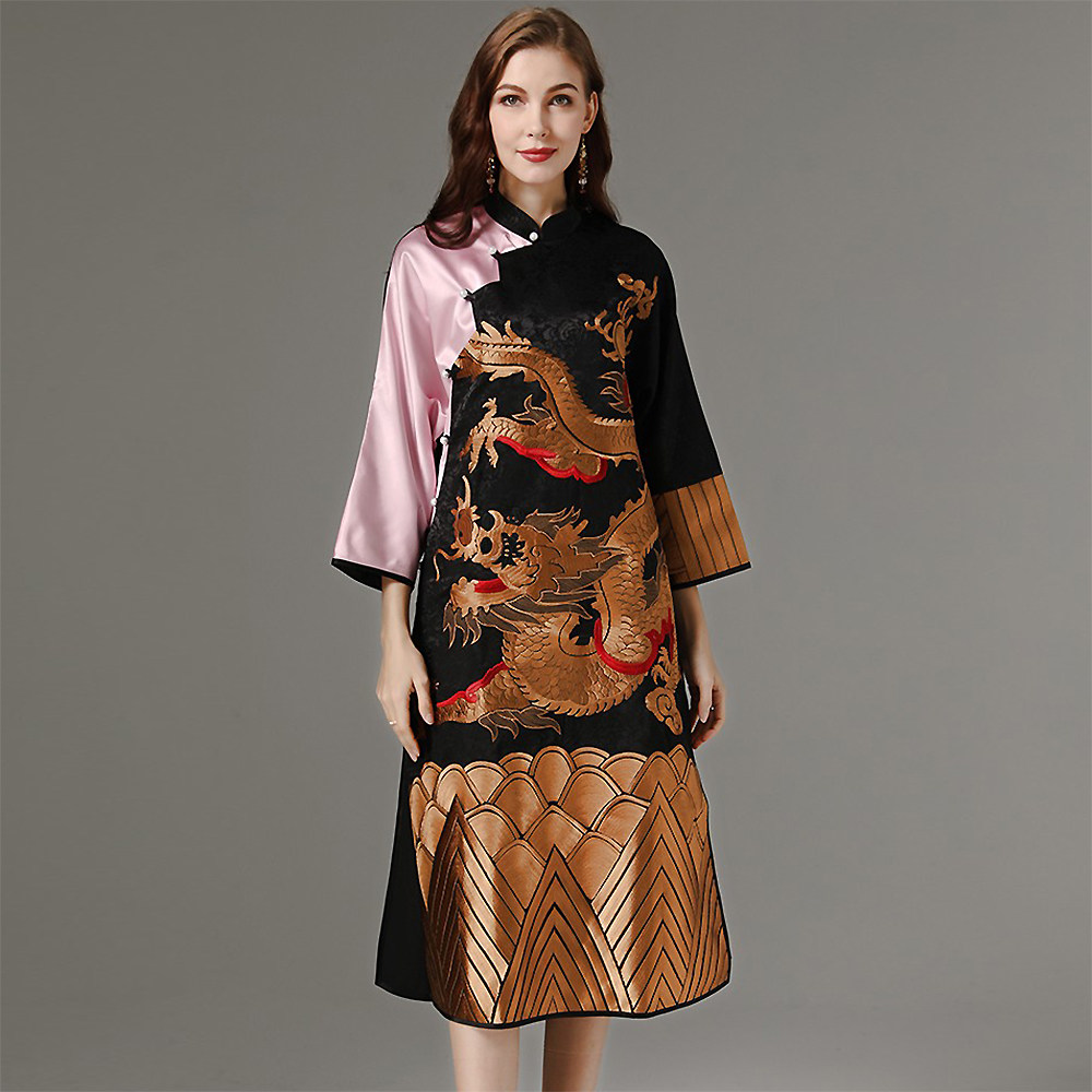 新中式连衣裙国风刺绣安娜滕大码轻奢高级感宽松改良旗袍裙龙袍女