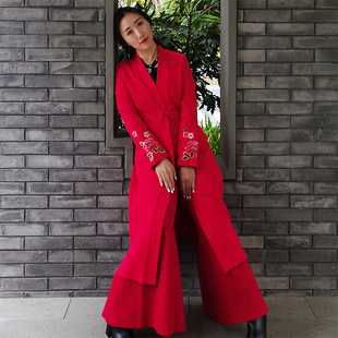 民族风上衣女外套中长款春秋中式盘扣修身显瘦中国风刺绣花风衣