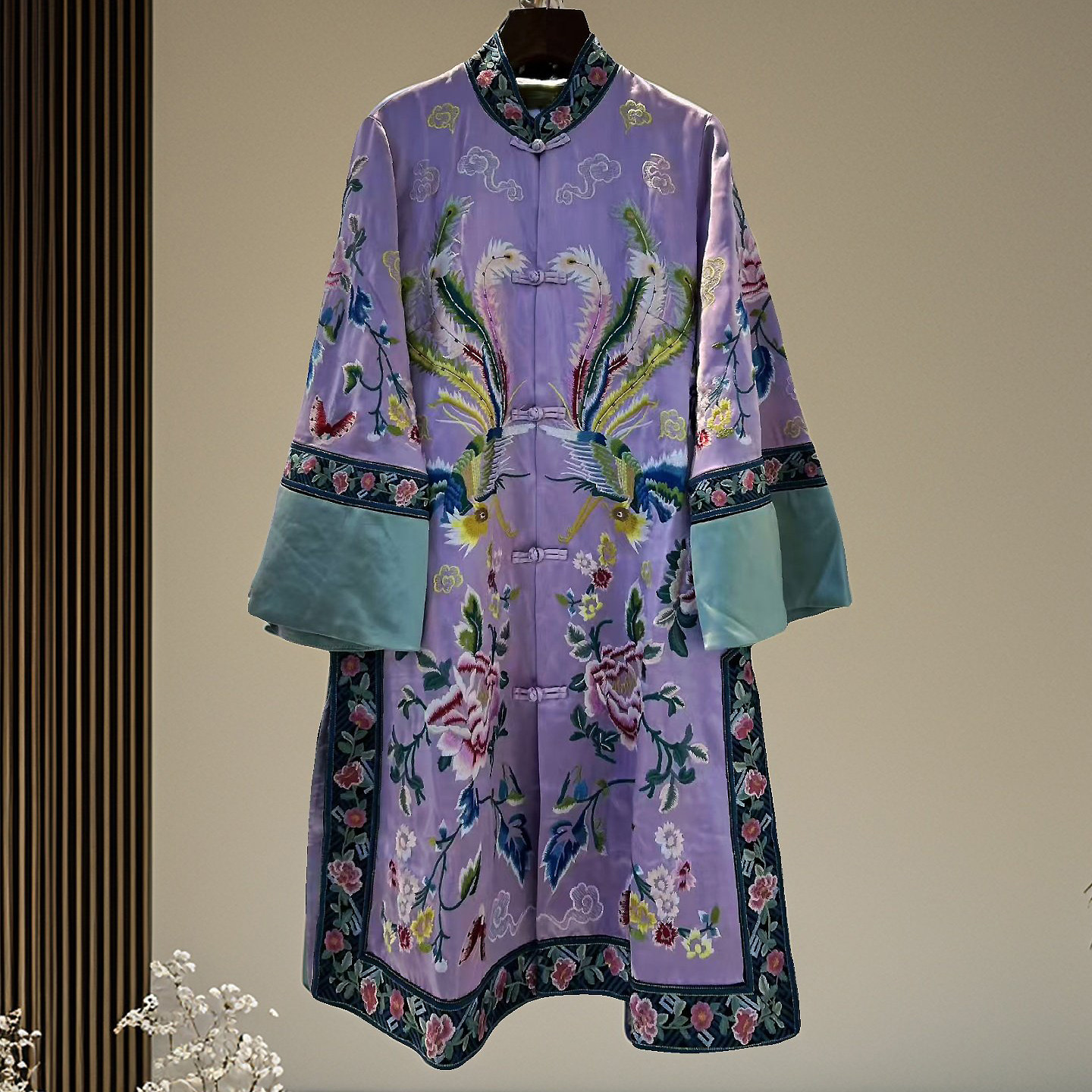 新中式上衣外套春秋女安娜滕国风凤凰醋酸刺绣花大码盘扣改良旗袍