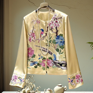 新中式上衣女春秋安娜滕复古国风醋酸缎喜鹊登梅刺绣圆领长袖外套