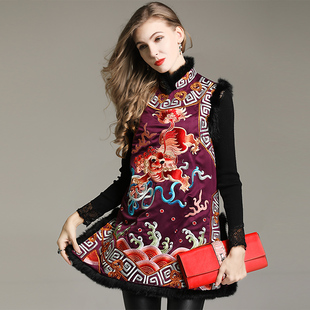 民族风马甲女中长款中国风大码中式复古刺绣秋冬棉背心夹棉坎肩