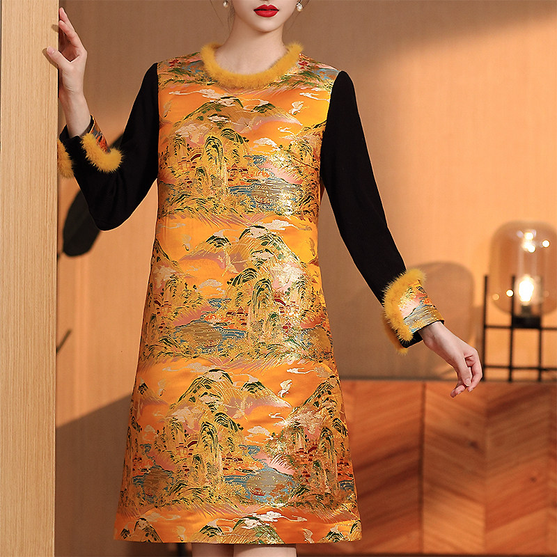 中国风夹棉改良旗袍女冬季复古风山水提花修身显瘦拼接时尚连衣裙,女装/女士精品,旗袍,淘宝优惠券,粉丝福利购,淘宝优惠卷