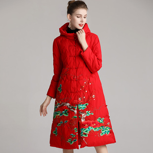 中国风羽绒服女中长款收腰2023秋冬复古刺绣中式盘扣民族风外套