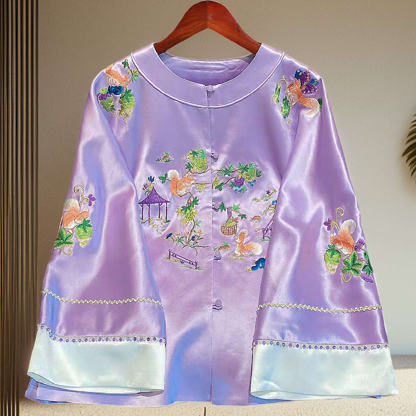 安娜滕新中式上衣女士春夏醋酸缎复古风风景刺绣拼接圆领宽松开衫