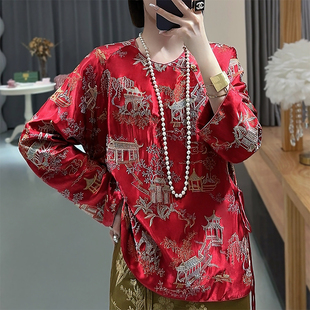 新中式上衣女春夏秋安娜滕复古国风刺绣大码宽松斜襟外套打底衬衫