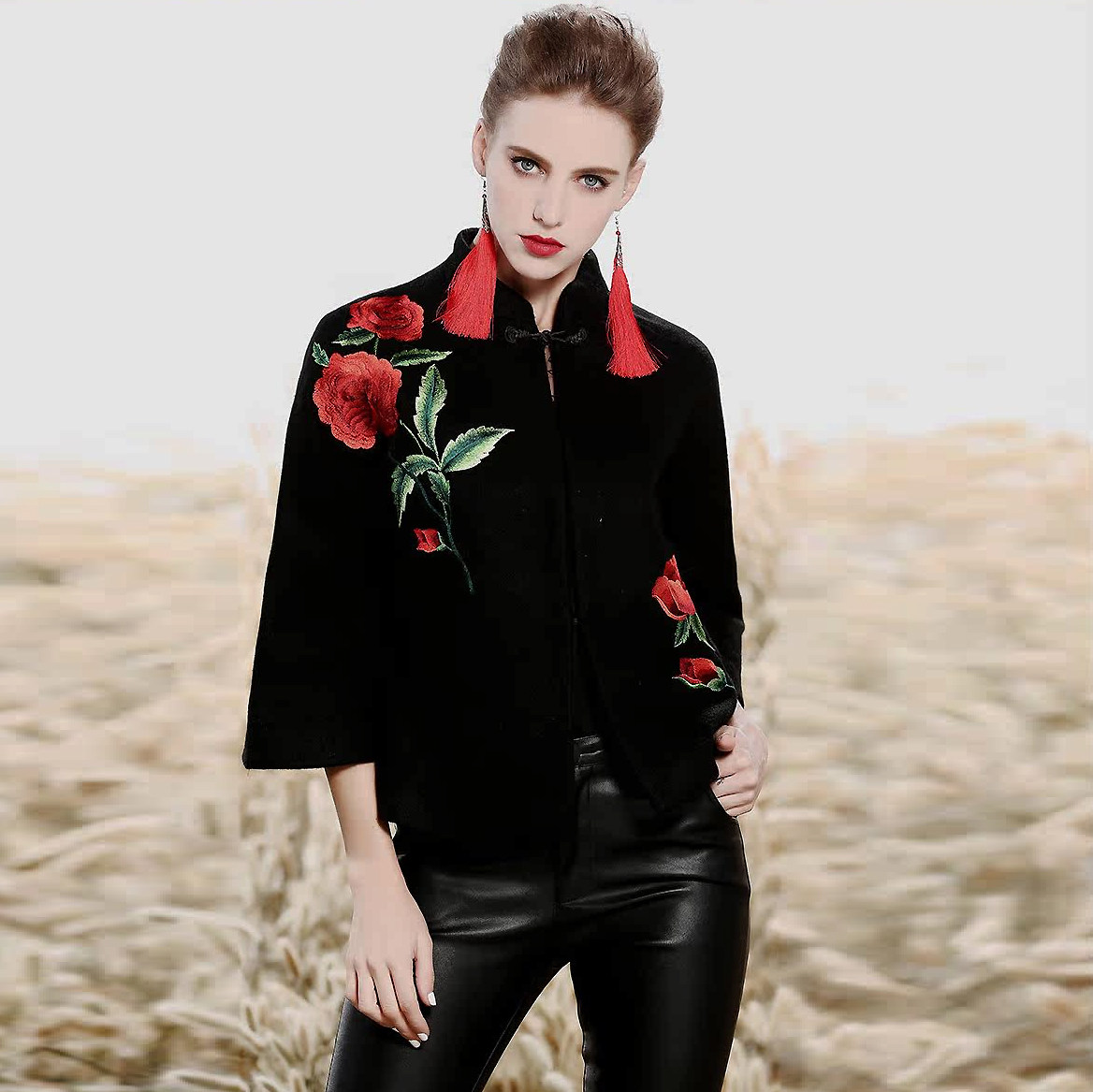 安娜滕新中式毛呢小外套复古风玫瑰刺绣盘扣宽松女士秋冬呢子上衣,女装/女士精品,短外套,淘宝优惠券,粉丝福利购,淘宝优惠卷