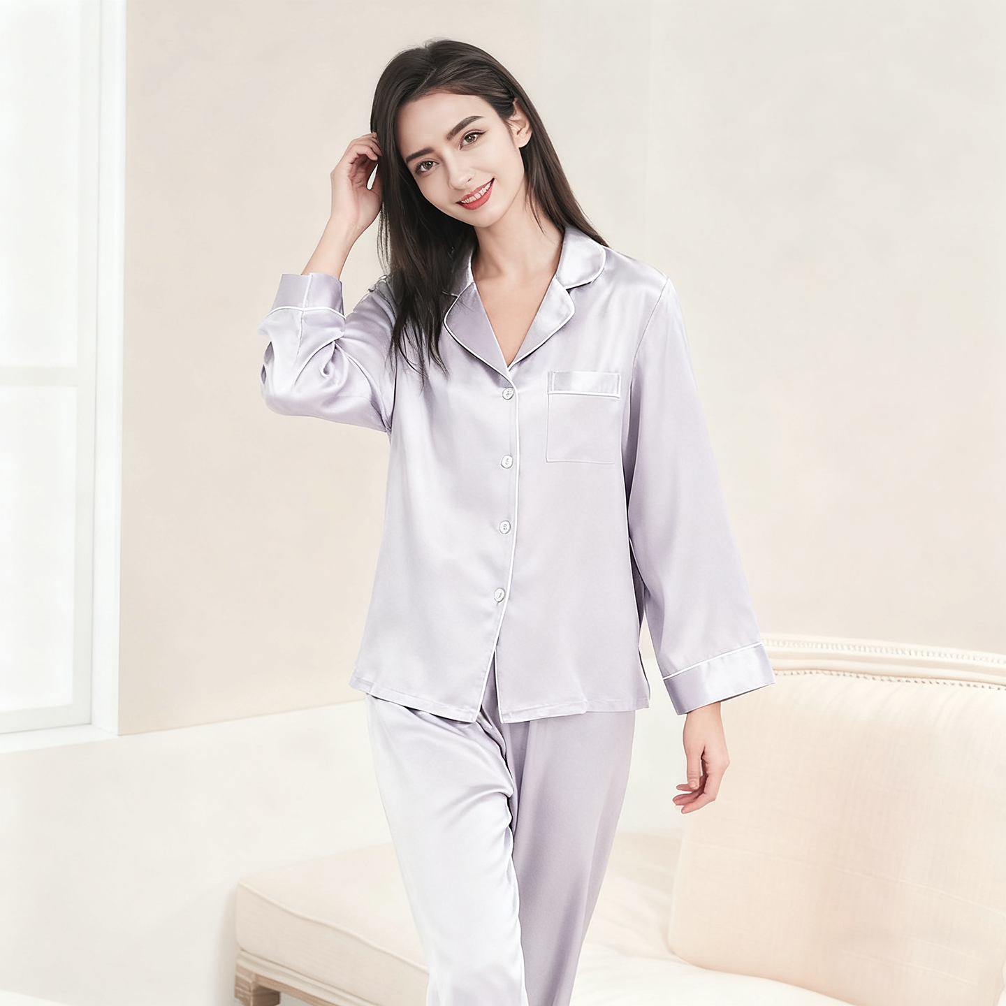 重磅桑蚕丝真丝睡衣女高端家居服套装女奢华感休闲长袖裤纯色轻奢