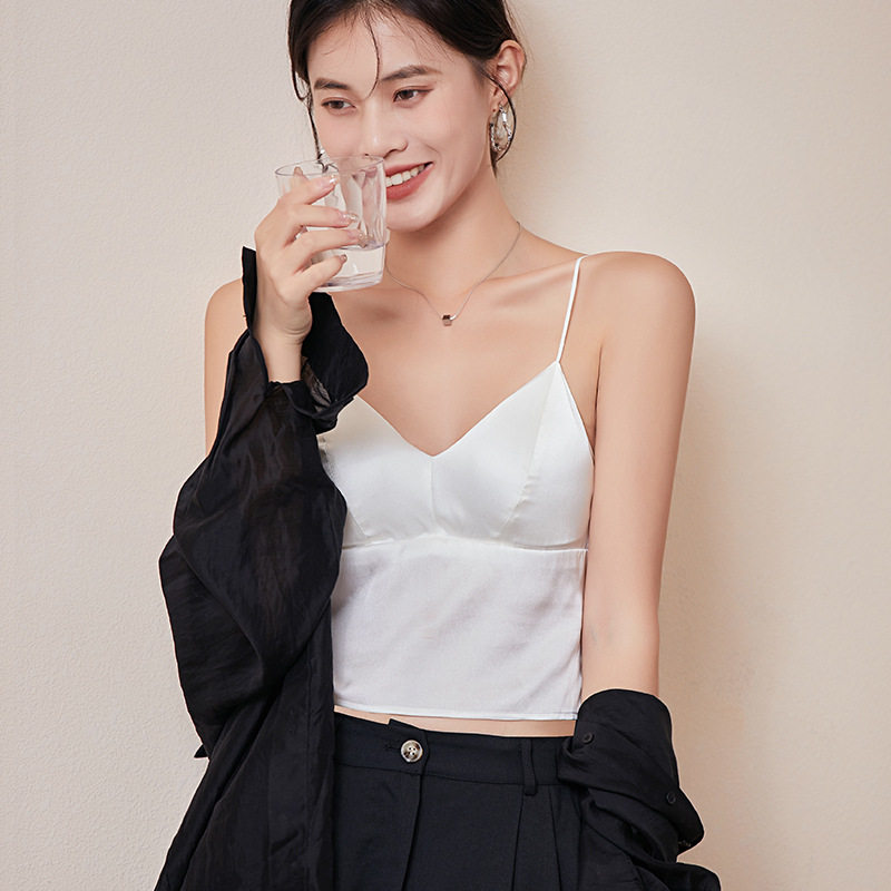 唐格 真丝缎面美背短吊带 法式三角杯桑蚕丝内衣无钢圈真丝文胸