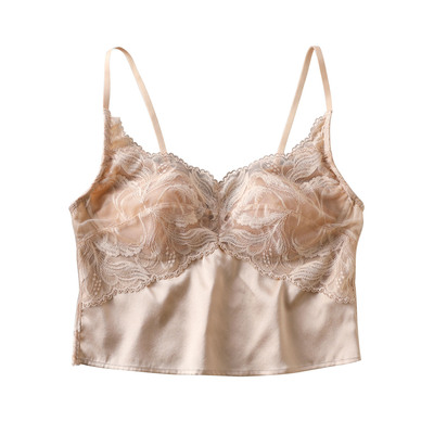 高级真丝缎面蕾丝V领小吊带 免穿文胸桑蚕丝柔软亲肤薄款美背抹胸