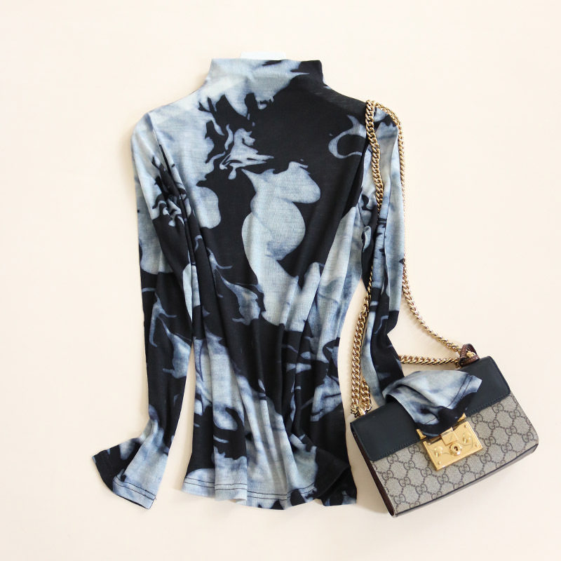 唐格 秋冬羊毛高领印花长袖打底衫女 超细绵羊毛宽松保暖上衣T恤