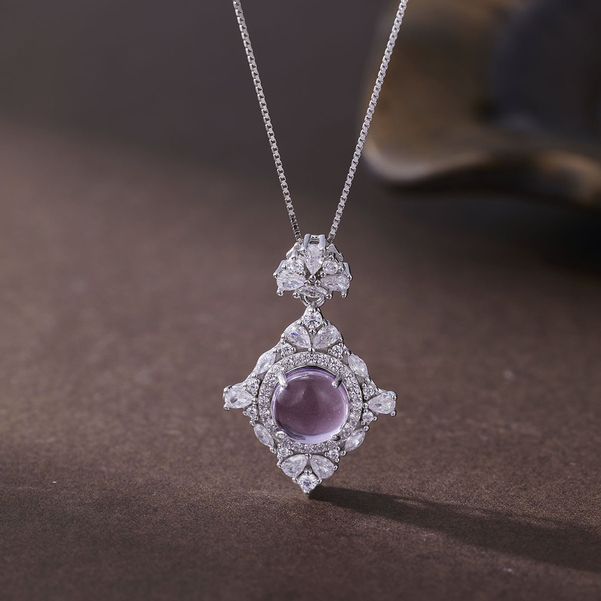 s925纯银首饰天然紫水晶蛋面项链透明女时尚欧美几何形吊坠锁骨链